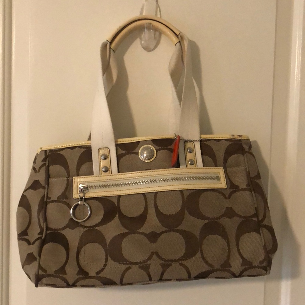 Coach Daisy Tan Brown Khaki Signature Canvas Leather Tote Bag